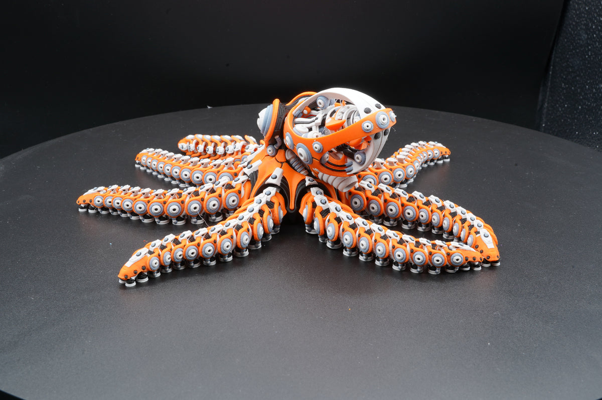 Robo Octopus 3D printed articulated mechanical octopus - front view showing robotic face and spread tentacles