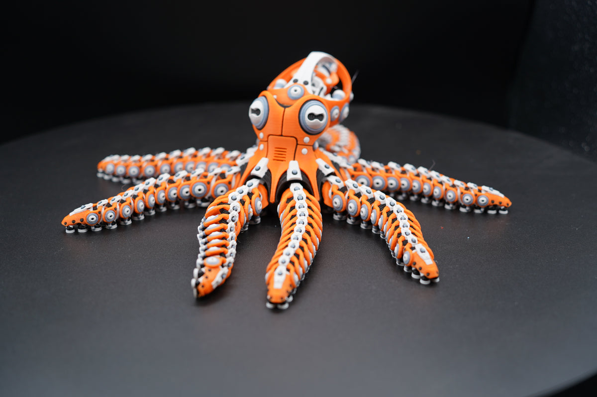 Robo Octopus 3D printed articulated mechanical octopus - overhead view showing all eight poseable tentacles
