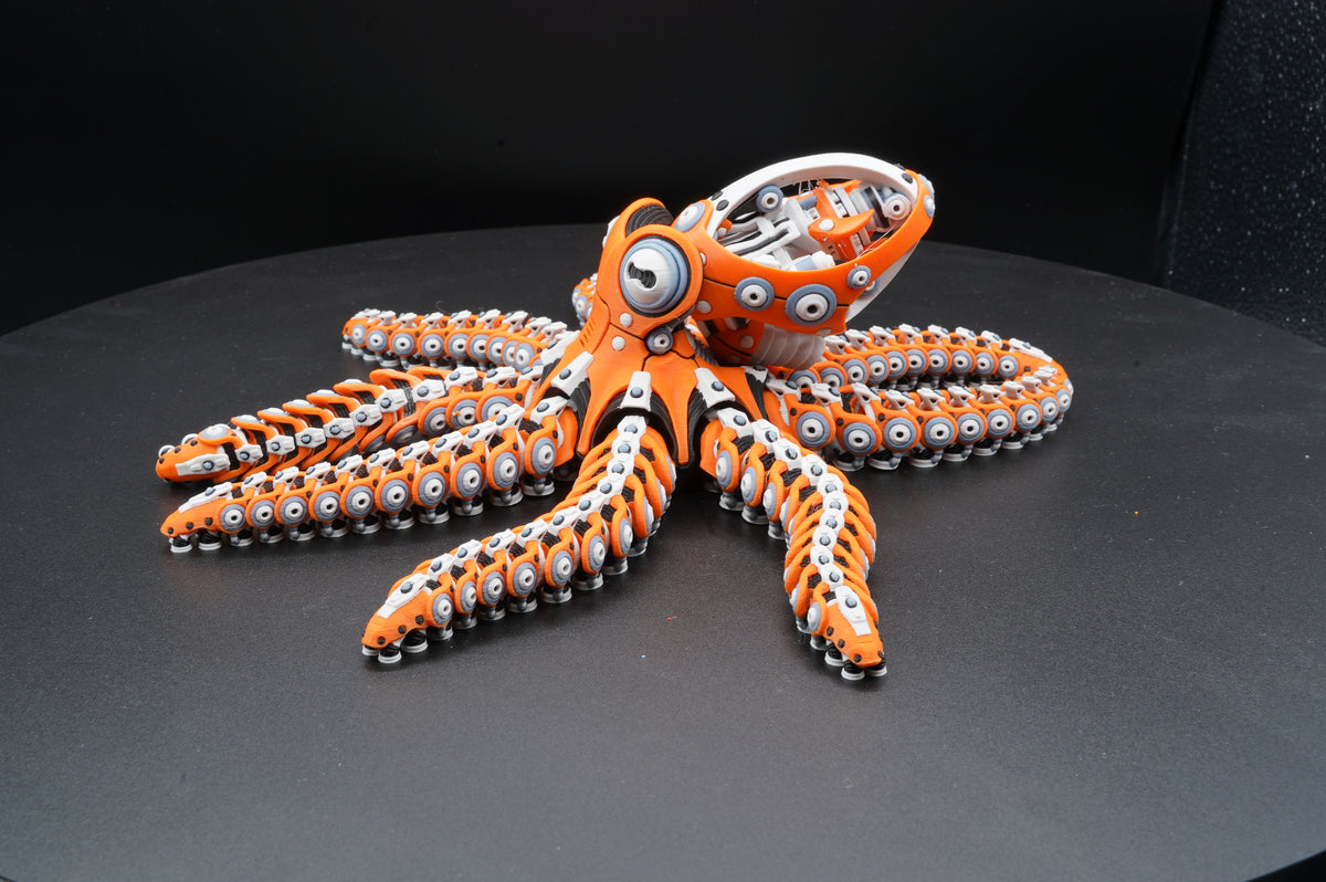 Robo Octopus 3D printed articulated mechanical octopus - three-quarter view showing open mechanical shell and tentacles